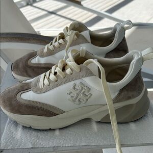 Tory Burch White and Tan Sneakers